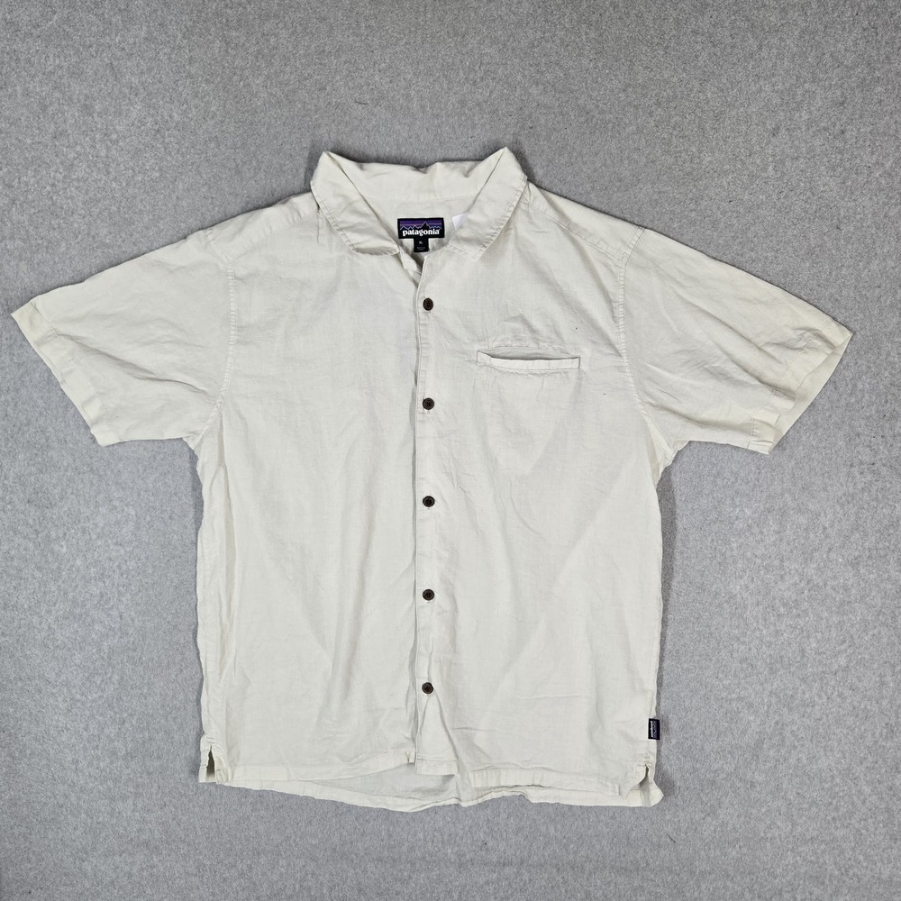 Patagonia Men Button Up Shirt XL Beige Cotton Hemp Organic Shirt Casual
